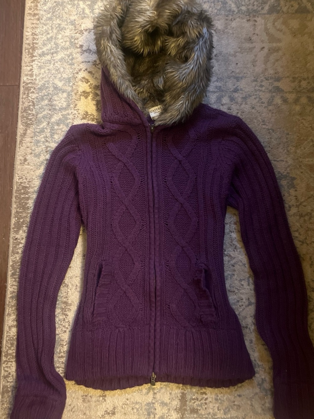 Purple Y2K Cable Knit Zip Hoodie with Faux Fur Trim